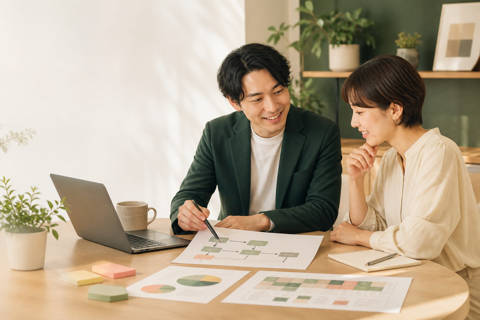 業務フローを確認しながら小さな改善を一緒に検討する様子